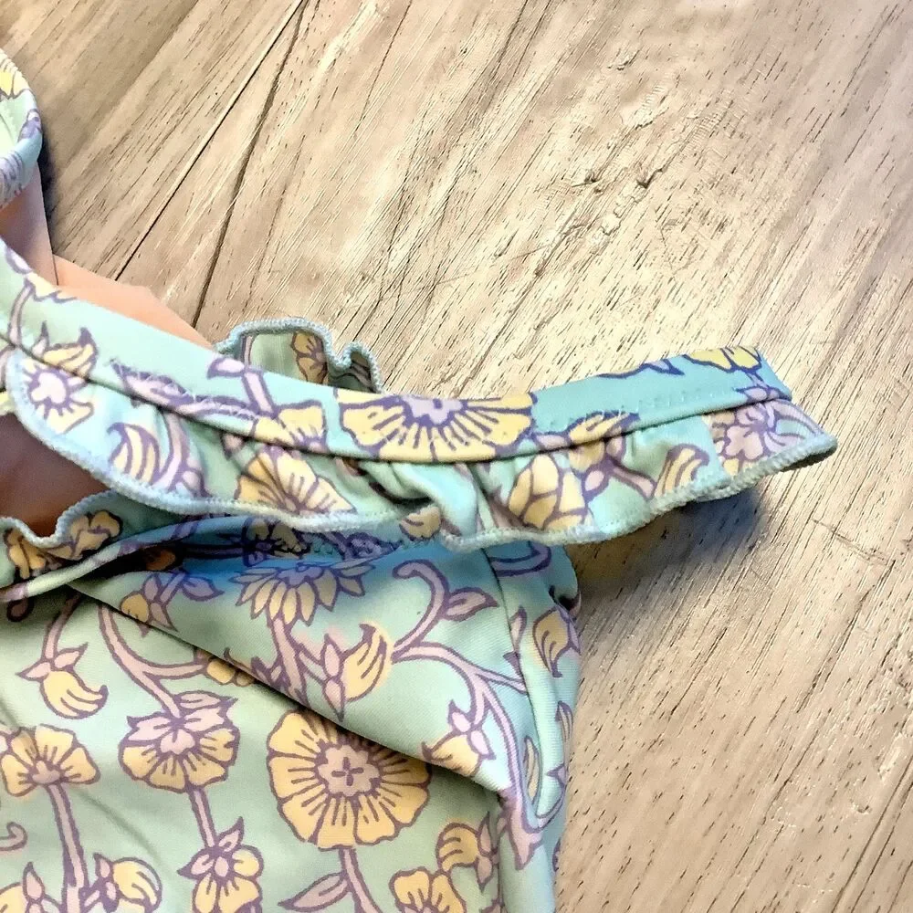 Crewcuts Swimsuit Size 14 J Crew Girls Kids Blue Pink Floral Ruffle One Piece